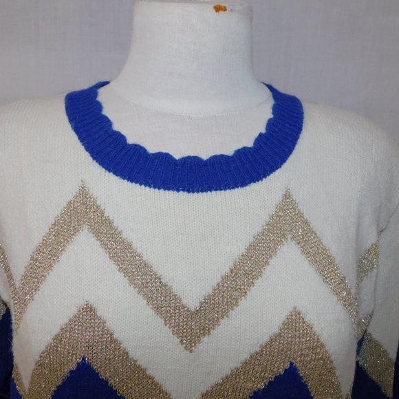 VTG 80s TanJay Womens M Blue White Gold Scalloped Neck Sweater Goldberg style - Picture 3 of 9
